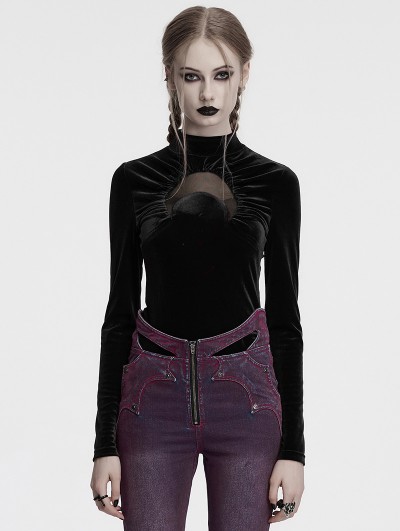Punk Rave Black Gothic Crescent Hollowed Print Velvet Long Sleeve T-Shirt for Women
