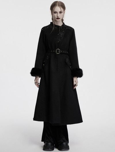 Punk Rave Black Gothic Retro Buckle Belt Long Fur Coat for Women