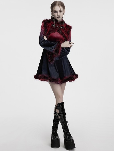 Punk Rave Black and Red Gothic Gradient Fur Trim Velvet Short Dress