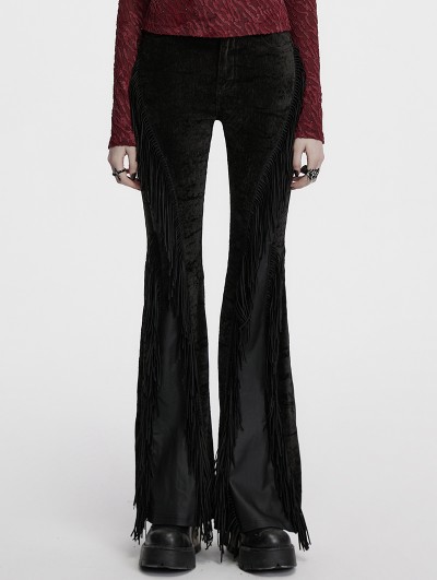 Punk Rave Black Gothic Wasteland Tassel Long Flared Pants for Women