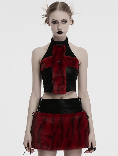 Punk Rave Black and Red Gothic Flame Tie-Dyed Fur Vest Top for Women