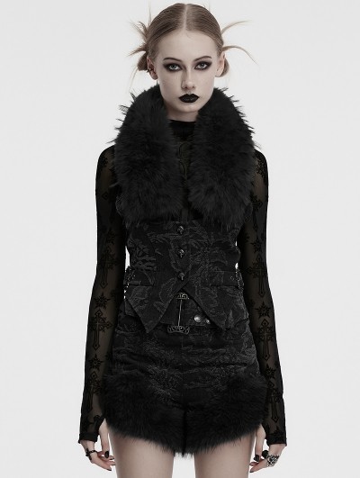 Punk Rave Black Gothic Detachable Fur Collar Denim Vest for Women