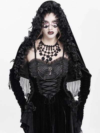 Eva Lady Black Gothic Flower Fringed Velvet Hooded Cloak for Women