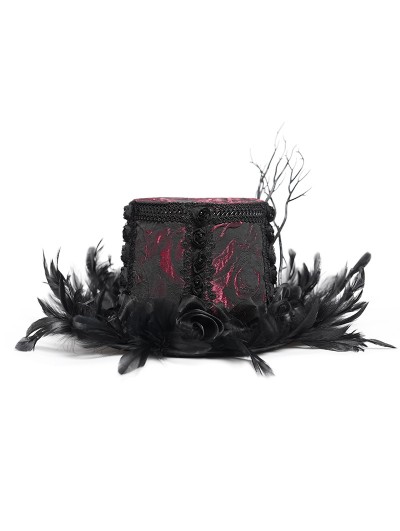 Eva Lady Black and Red Brocade Gothic Floral Feather Hat