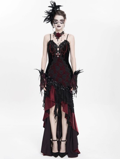 Eva Lady Red Gothic Embroidered Irregular Ruffled Velvet High-Low Dress