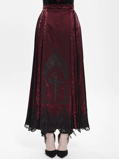 Eva Lady Red Gothic Cross Embroidered Pleated Wrap High Waist Long Skirt