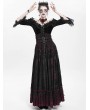 Eva Lady Black and Red Gothic Double Buckle Belt Embroidered Lace Maxi Skirt