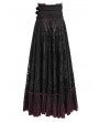 Eva Lady Black and Red Gothic Double Buckle Belt Embroidered Lace Maxi Skirt