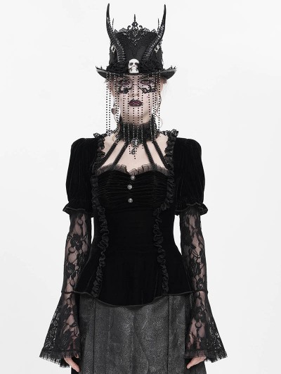 Eva Lady Black Gothic Lace Paneled Puff Sleeve Velvet Shirt for Women