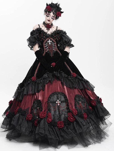 Eva Lady Black and Red Gothic Victorian Rose Embroidery Beading Hooded Gown Dress