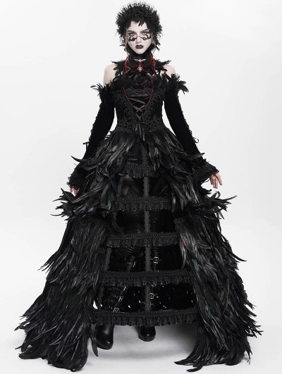 Eva Lady Black Gothic Feather Gown Dress with Detachable Collar and Sleeves
