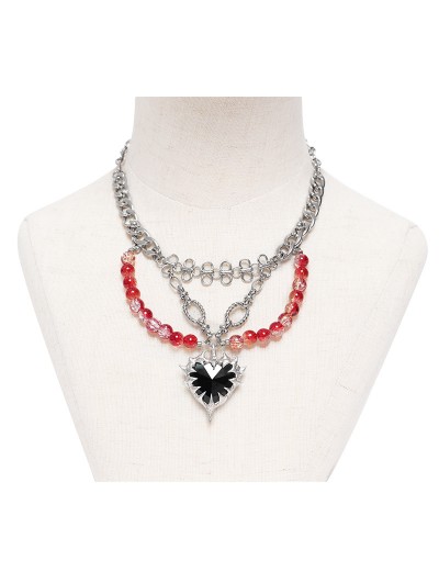 Devil Fashion Silver Punk Heart Crystal Beaded Pendant Chain Necklace