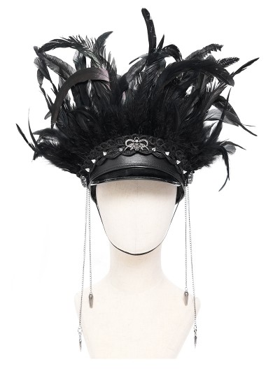Devil Fashion Black Gothic Punk Feather Trim Faux Leather Hat