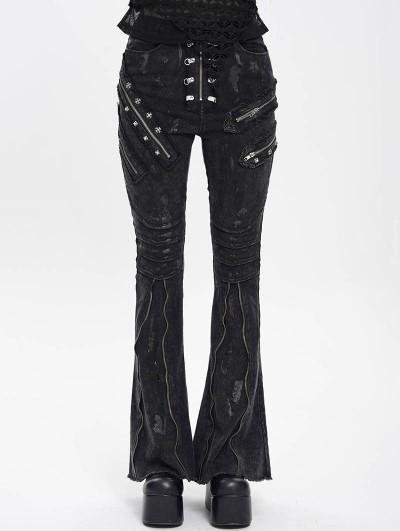 Devil Fashion Black Gothic Punk Decadent Zipper Flared Pants for Women