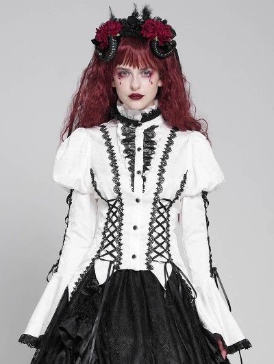 Devil Fashion White Vintage Gothic Frilly Lace-Up Long Sleeve Shirt for Women