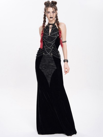 Devil Fashion Black Gothic Punk Cross Chain Halter Velvet Maxi Fishtail Dress
