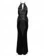 Devil Fashion Black Gothic Punk Cross Chain Halter Velvet Maxi Fishtail Dress