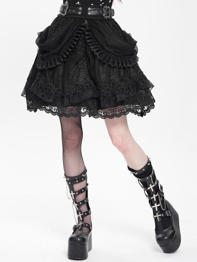Devil Fashion Black Gothic Ruffle Lace Tiered Short Skirt