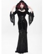 Devil Fashion Black and Red Gothic Vampire Embroidered Velvet Hooded Fishtail Maxi Dress