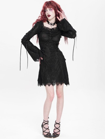 Devil Fashion Black Gothic Floral Lace Long Bell Sleeve Short Dress