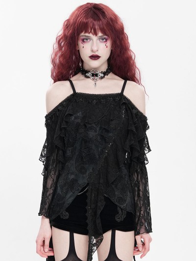 Devil Fashion Black Gothic Off-the-Shoulder Asymmetric Lace Tassel Top for Women