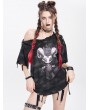 Devil Fashion Black Gothic Print Asymmetric Distressed Loose T-shirt for Women