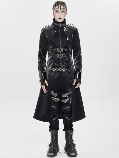 Devil Fashion Black Gothic Punk Spiked Faux Leather Long Jacket for Men