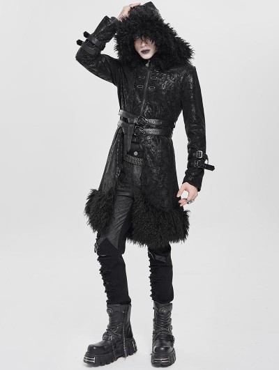 Devil Fashion Black Gothic Punk Buckle-Up Plush Spliced Hooded Jacket for Men