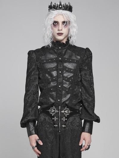 Devil Fashion Black Retro Gothic Jacquard Puff Sleeve Party Shirt for Men