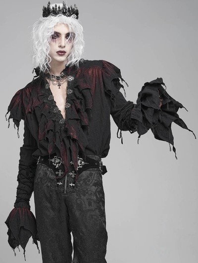 Devil Fashion Black Retro Gothic Vampire Plunging Irregular Ruffle Shirt for Men