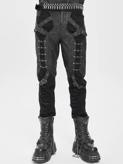 Devil Fashion Black Gothic Distressed Faux Leather Spliced Pants for Men