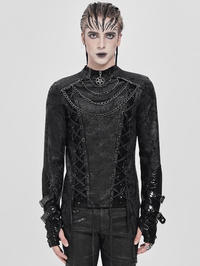 Devil Fashion Black Gothic Mesh Spliced Lace-Up Fitted T-Shirt for Men