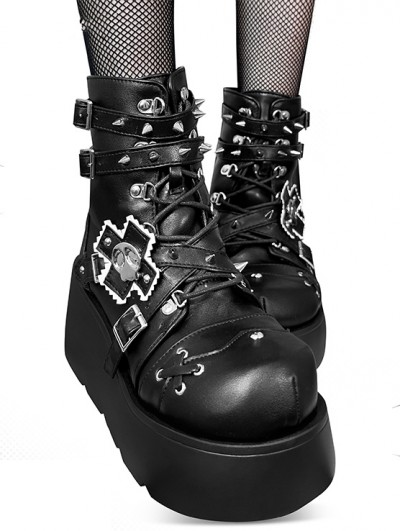 Black Gothic Punk Cross Rivet Platform Ankle Boots