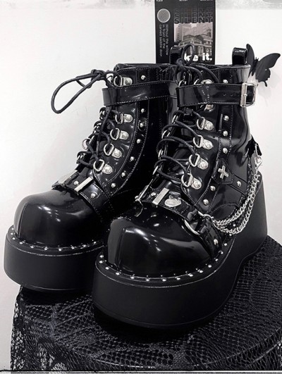 Black Gothic Punk Rivet Platform Boots with Detachable Chain