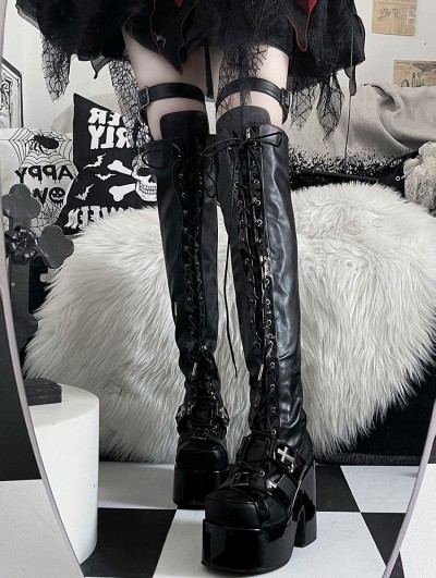 Black Gothic Punk Platform Over-the-Knee High Heeled Boots