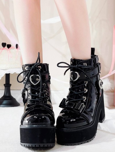 Black Gothic PU Leather Heart Eyelet Lace Up Ankle Boots