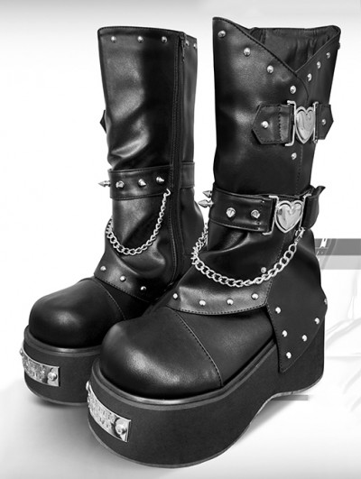 Black Punk Gothic Heart Decor Metallic Platform Boots