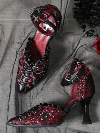 Red and Black Lace Gothic Pointed Ankle Strap Heeled Shoes
