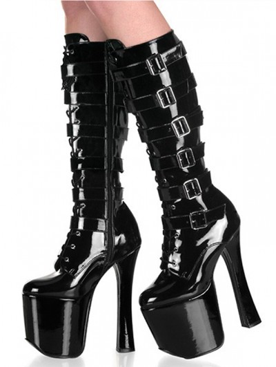 Black Gothic Punk Multi-Buckle Harness Knee High Boots