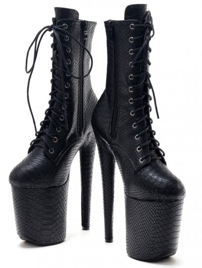 Black Gothic Punk Patterned Leather Closed Toe Stiletto Boots