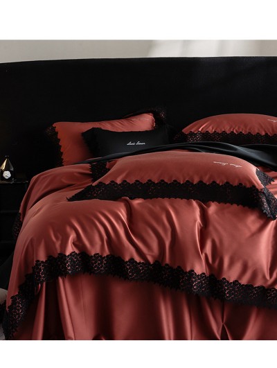 Wine Red Gothic Lace Trim Luxury Comforter Set