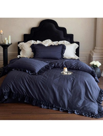 Royal Blue Romantic Jacquard Lace Ruffle Comforter Set