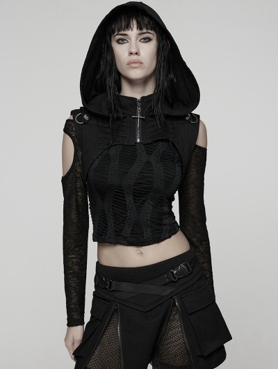 Punk Rave Black Gothic Wasteland Hooded Short Vest for Women