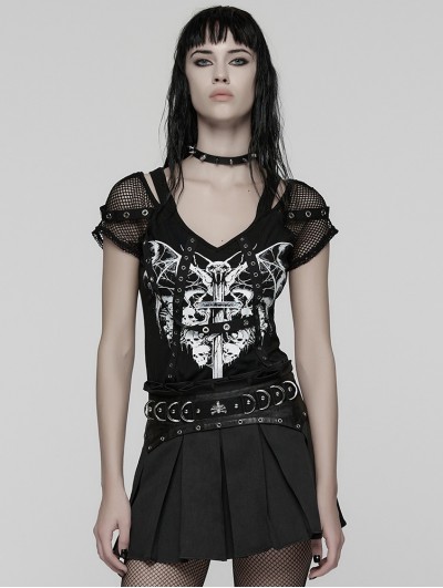 Punk Rave Black Gothic Punk Printed Mesh Spliced T-shirt for Women