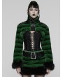 Punk Rave Black and Green Gothic Punk Striped Fluffy Fur Coat for Women
