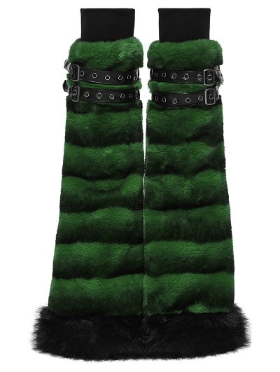 Punk Rave Black and Green Gothic Punk Striped Fluffy Fur Leg Warmers