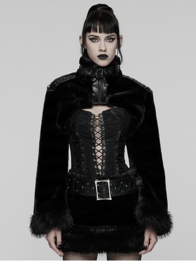 Punk Rave Black Gothic Punk Striped Fluffy Fur Coat for Women