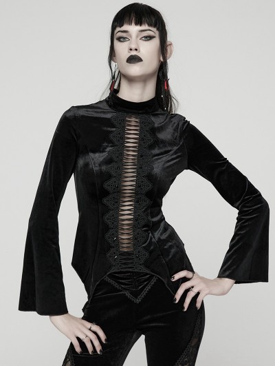 Punk Rave Black Sexy Gothic Hollow Lace Velvet Shirt for Women