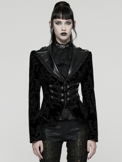 Punk Rave Black Gothic Vintage Print Velvet Coat for Women