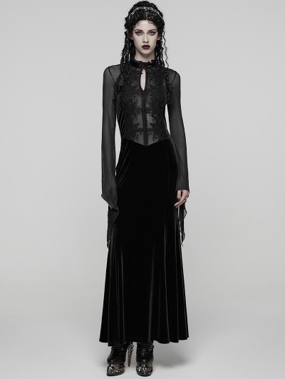 Punk Rave Black Sexy Gothic Vintage Mesh Spliced Velvet Maxi Dress